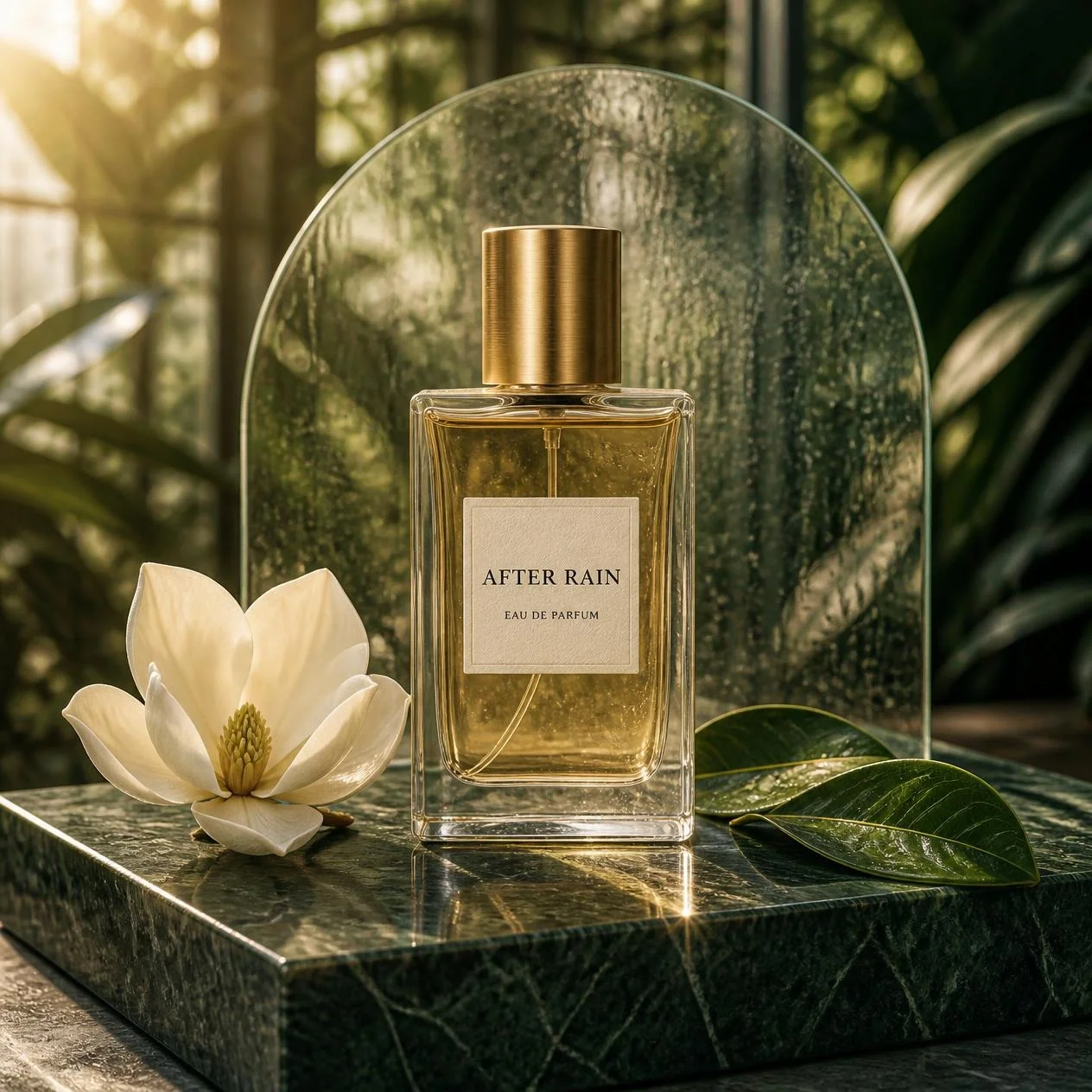 Perfume bottle, magnolia blossom, and leaves arranged on emerald marble in the supplied campaign test image.