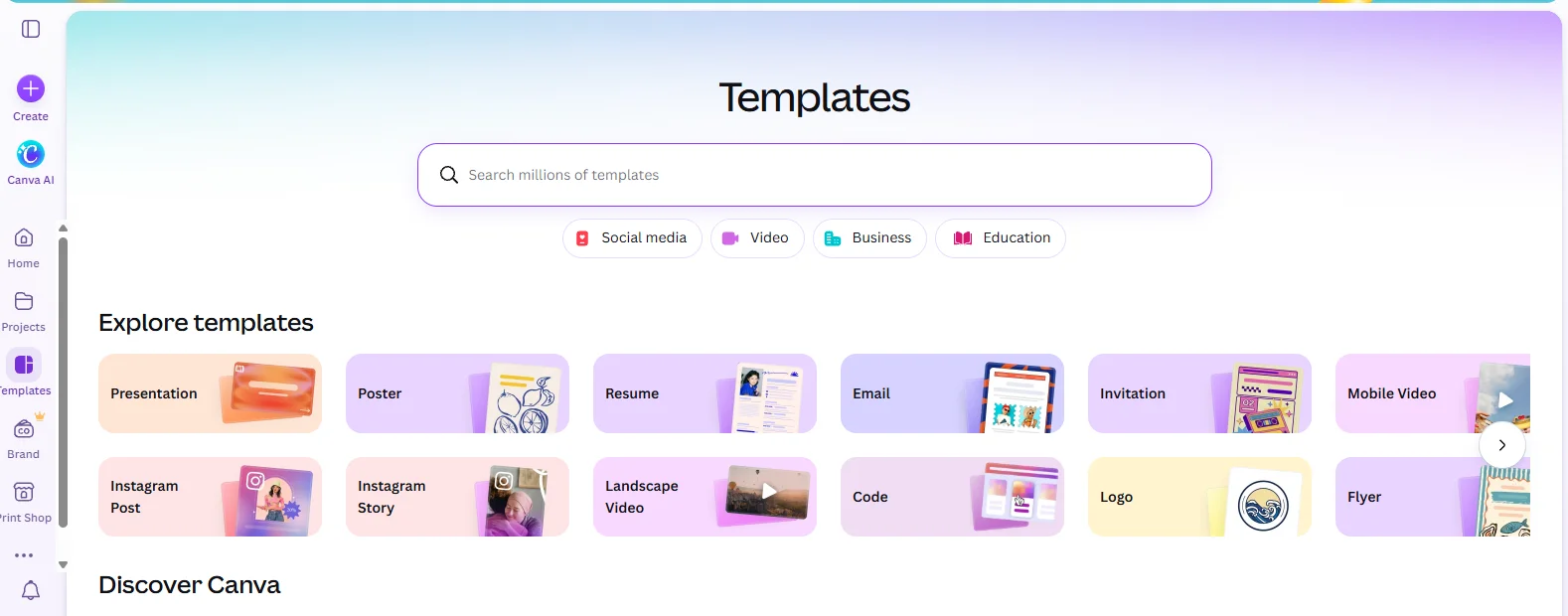 Canva templates interface with a search field and design categories including presentations, posters, and social posts.