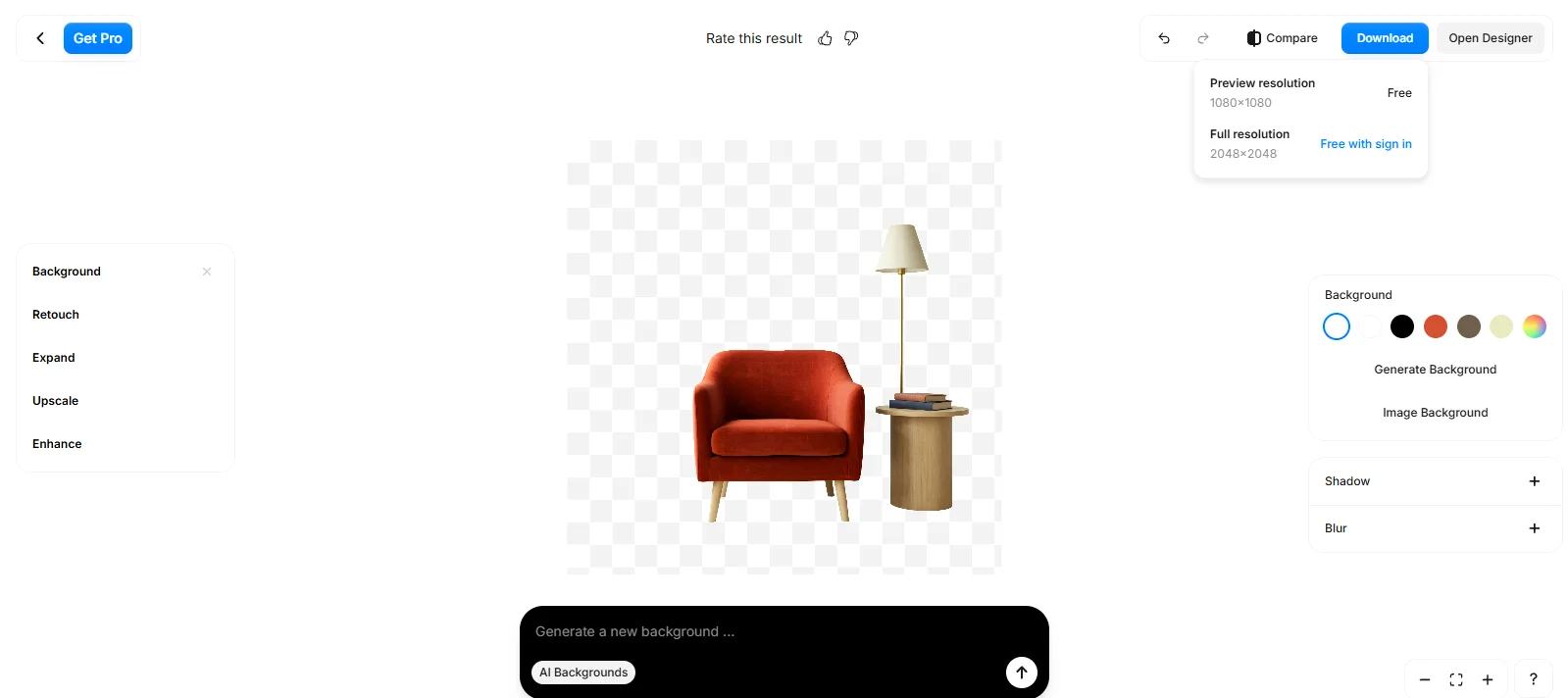 Pixelcut's editor with the furniture cutout and a download menu offering a free 1080 by 1080 preview, or the 2048 by 2048 full resolution free with sign-in.