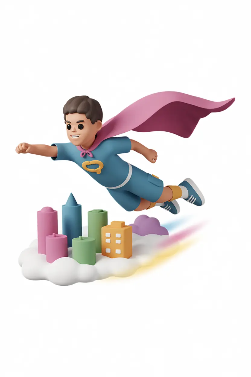 Superhero kid flying through a rainbow city