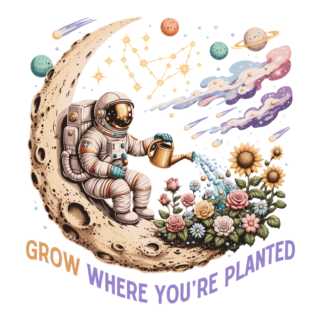 Retro astronaut watering flowers on moon
