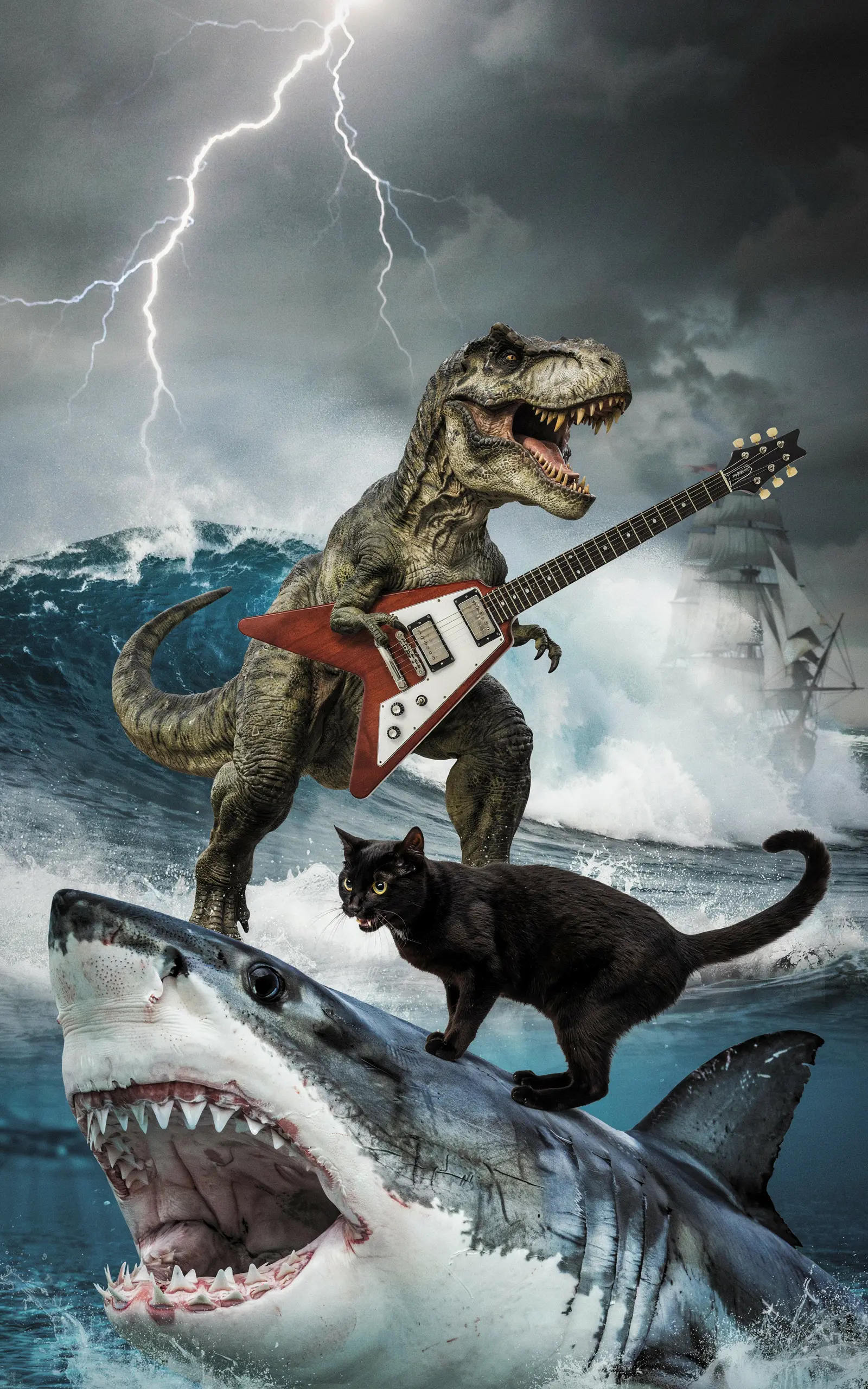 A surreal stormy ocean collage with a T-Rex playing a Flying V guitar on a great white shark while a black cat stands on the shark's back.