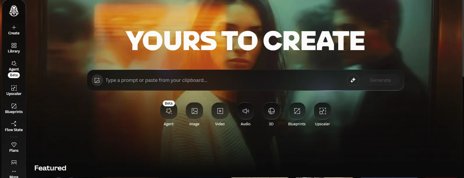 Leonardo’s home page, with the headline “Yours to create” over a blurred photo of two people, a prompt bar with a Generate button, and shortcuts for Agent, Image, Video, Audio, 3D, Blueprints, and Upscaler. The sidebar lists Create, Library, Agent, Upscaler, Blueprints, Flow State, and Plans.