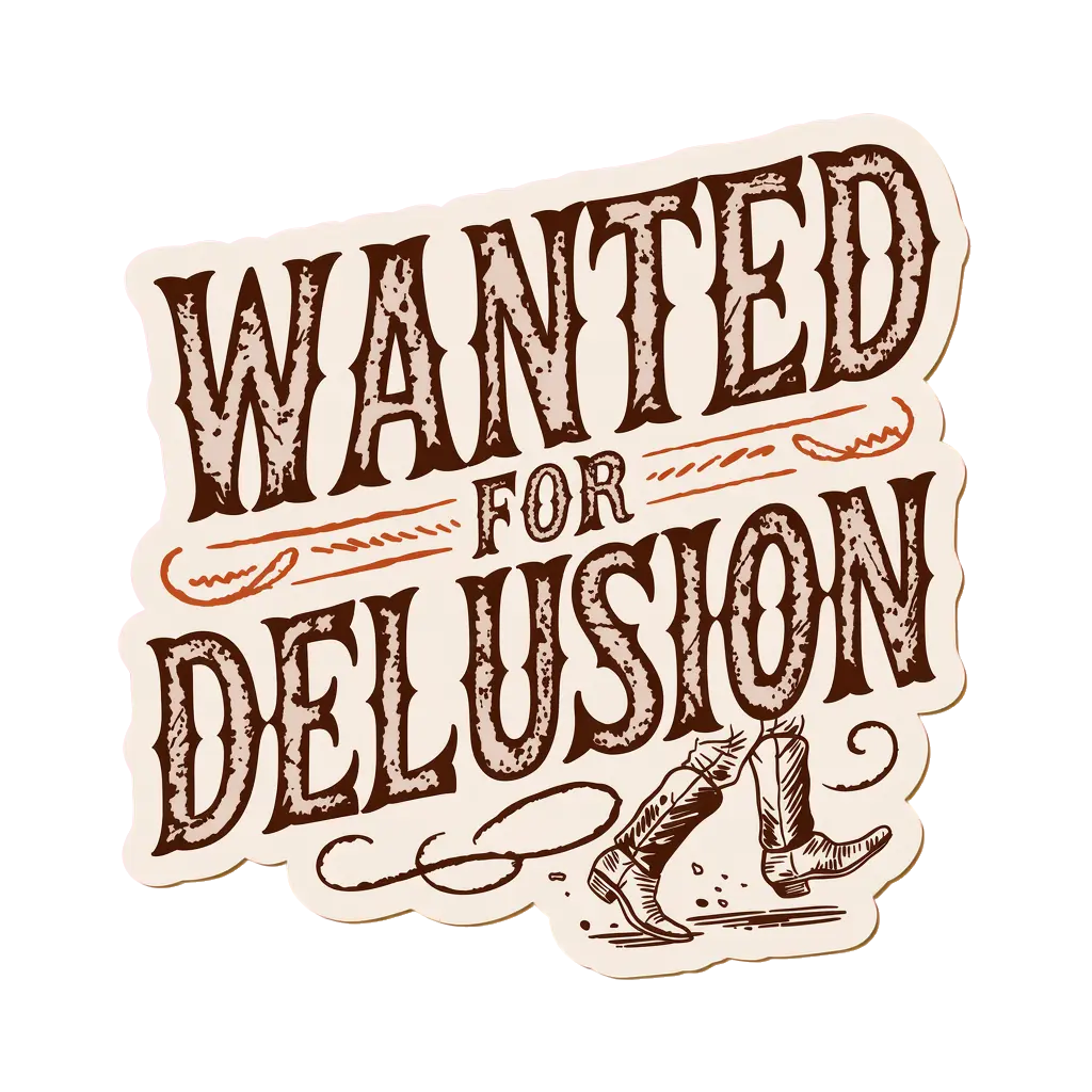 Western saloon-poster typography spelling 'WANTED FOR DELUSION' in weathered hand-lette...
