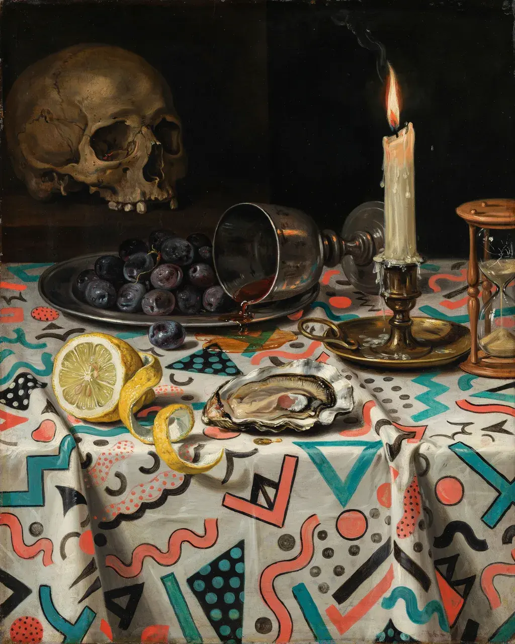 Flemish 17th-century still life with oyster, lemon, olives, and pewter in full oil glaze chiaroscuro, arranged on a Memphis design tablecloth in coral, turquoise, and black squiggles.