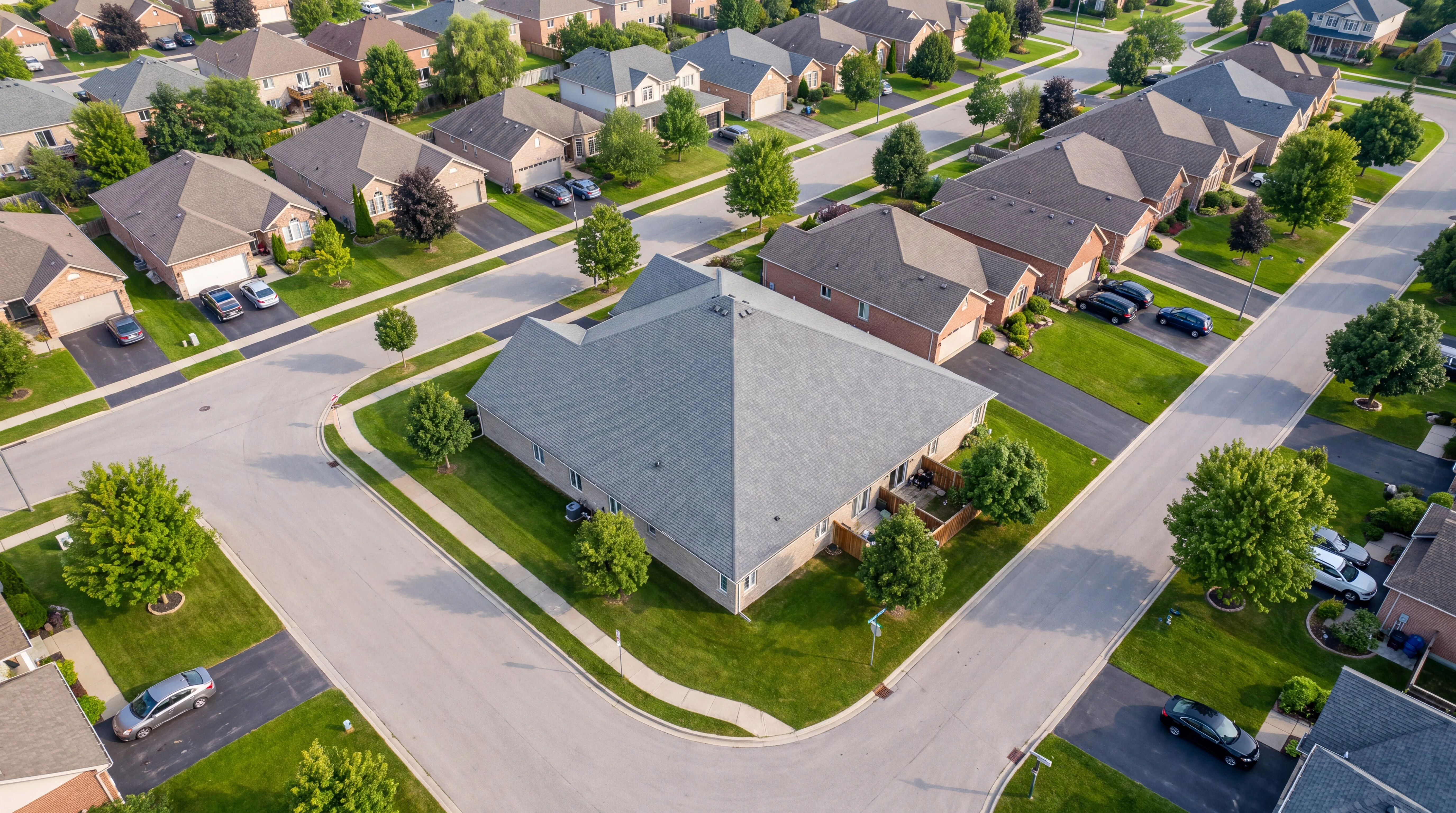 An aerial drone photo of a suburb with a gray-roofed corner house in front