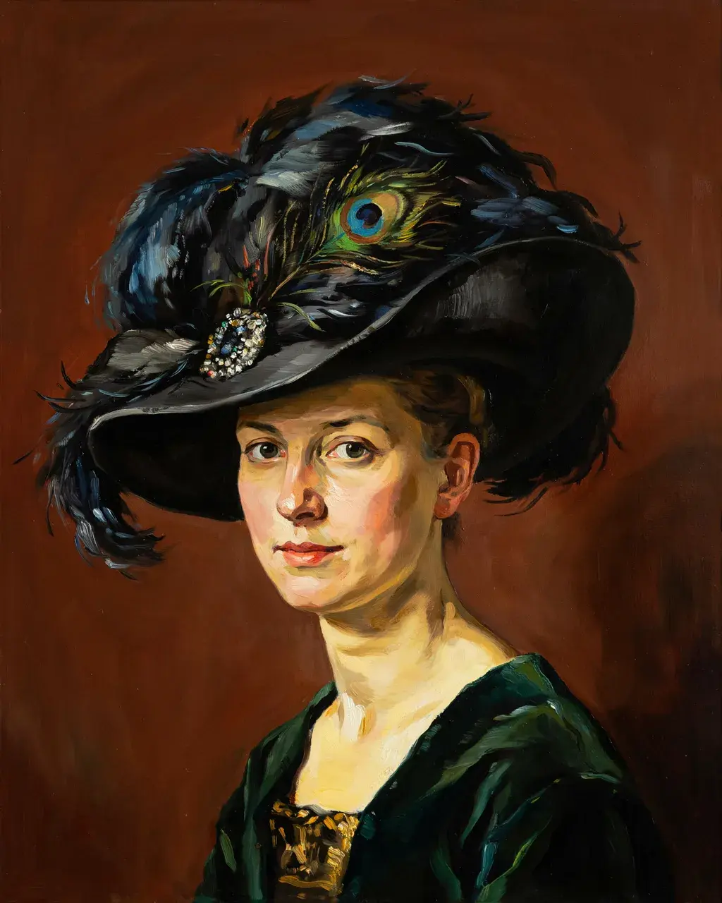 Contemporary oil painting portrait of a woman in a large sculptural feathered hat with a jeweled brooch, Dutch Golden Age chiaroscuro, visible impasto brushwork.
