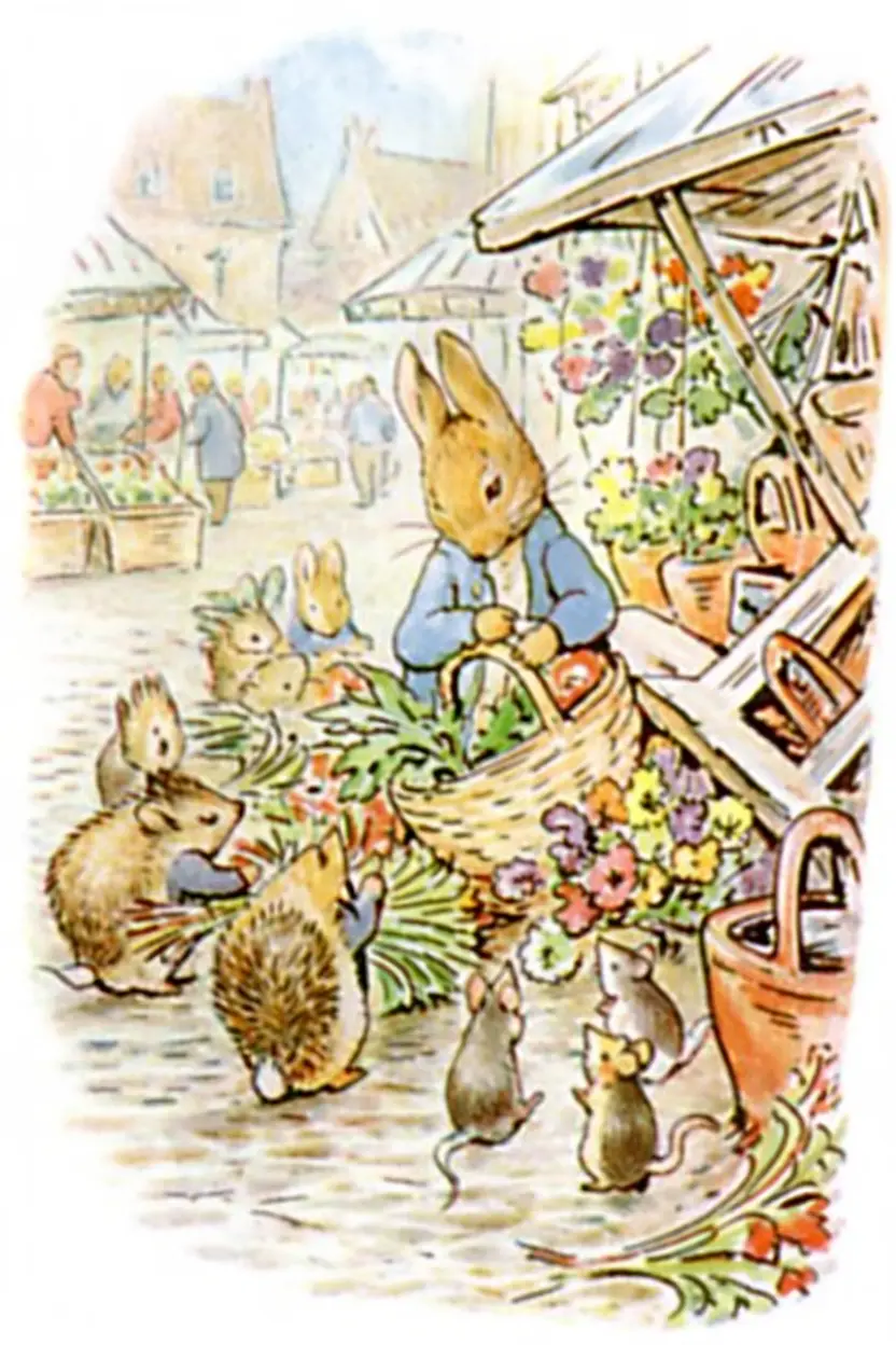 Peter Rabbit at a market stall with hedgehogs and mice