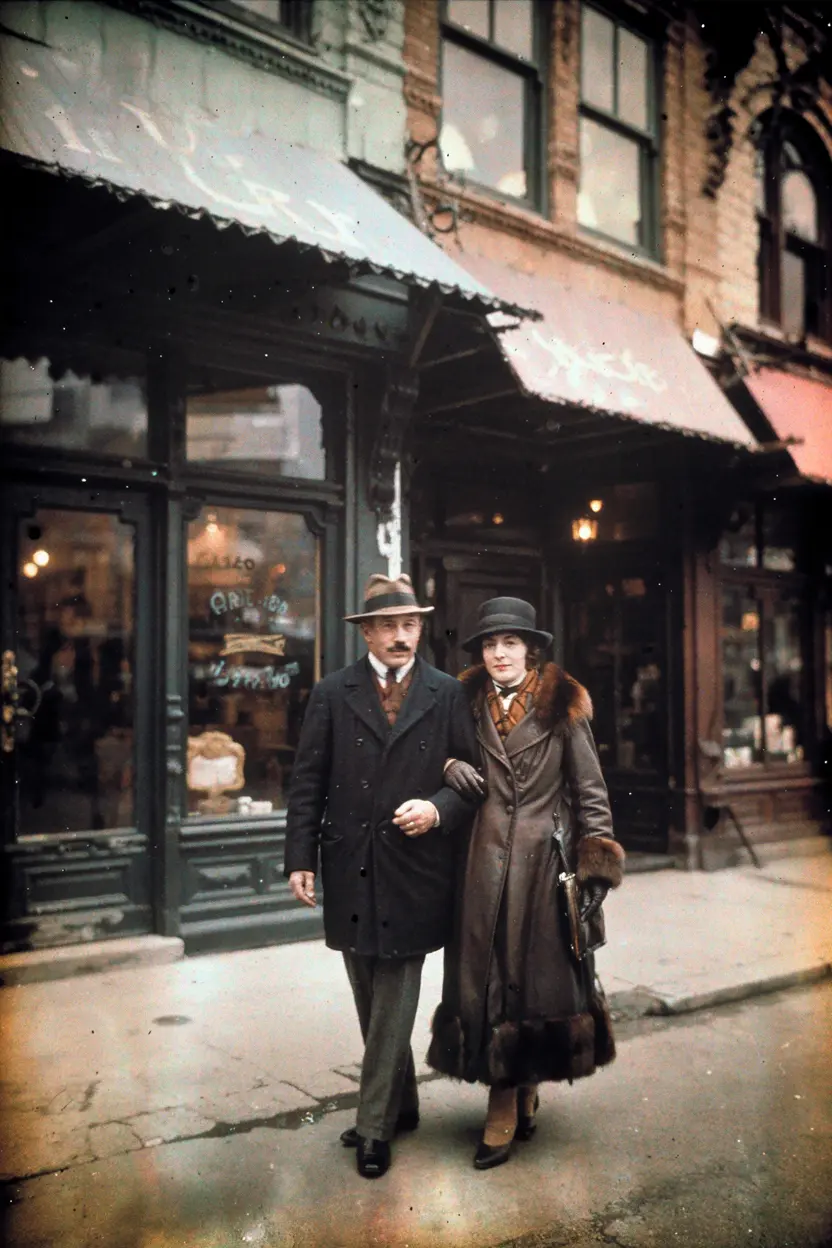 1920s couple walking past storefronts, hand-colored