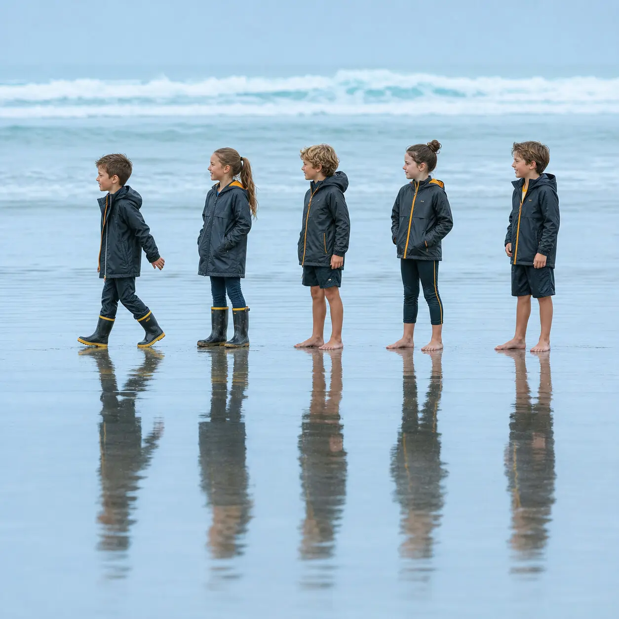 five people standing on a wet beach