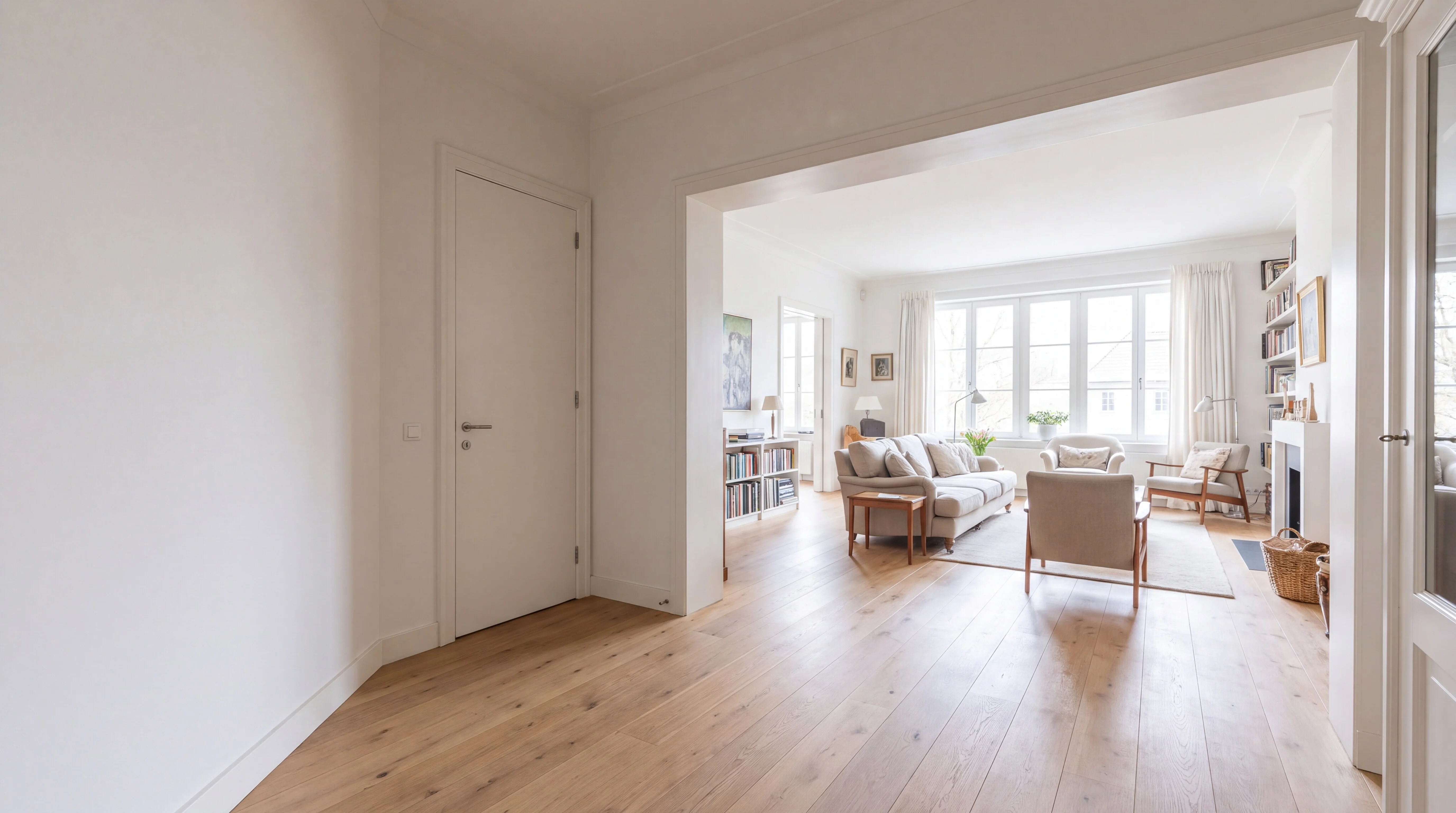A bright hallway with a white interior door beside a living room