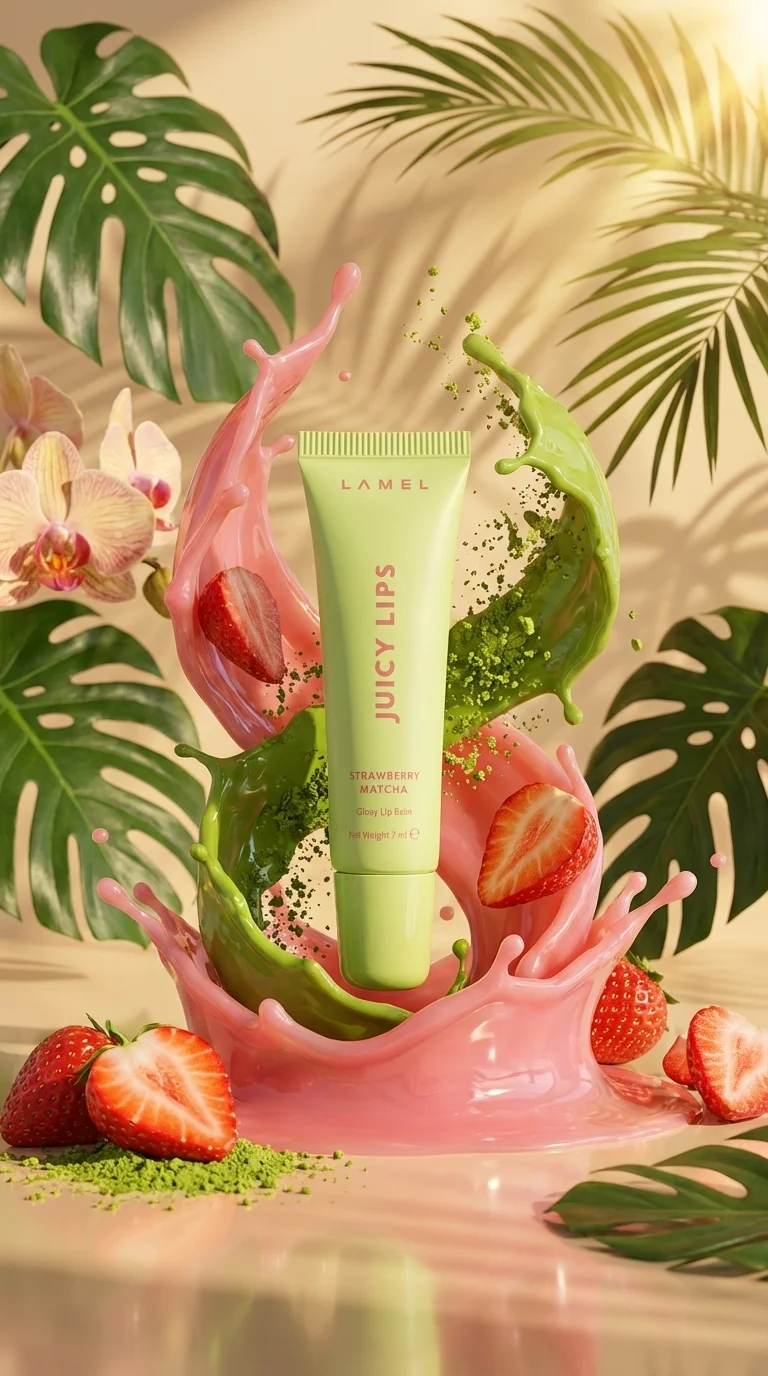 A strawberry matcha lip balm product shot with fruit and matcha splashes