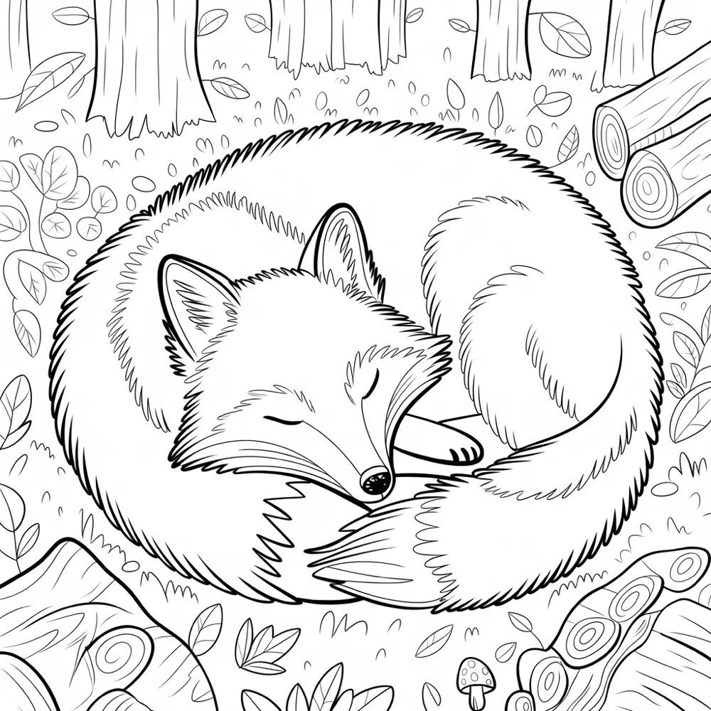 A coloring book illustration of a sleeping fox