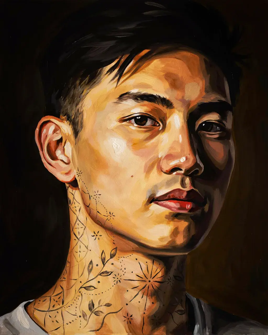 Contemporary oil painting portrait of a young man with hand-poke tattoos on his neck and throat, strong chiaroscuro against a near-black background, alla prima brushwork.