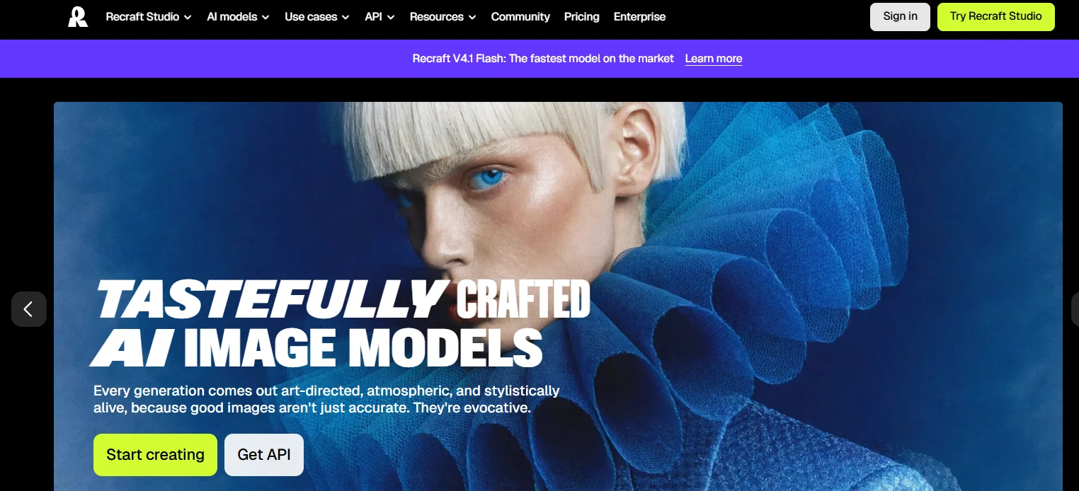 Recraft Studio homepage featuring AI image models and links to start creating or get API access.