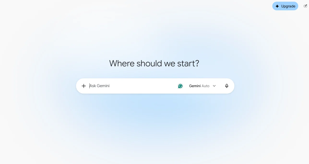 The Gemini start page, with the question “Where should we start?” above an Ask Gemini field, a model menu set to Gemini Auto, and an Upgrade button in the corner.