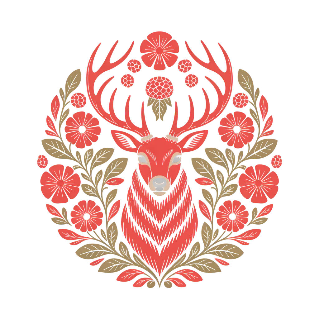 Folk-art deer in floral wreath, background removed
