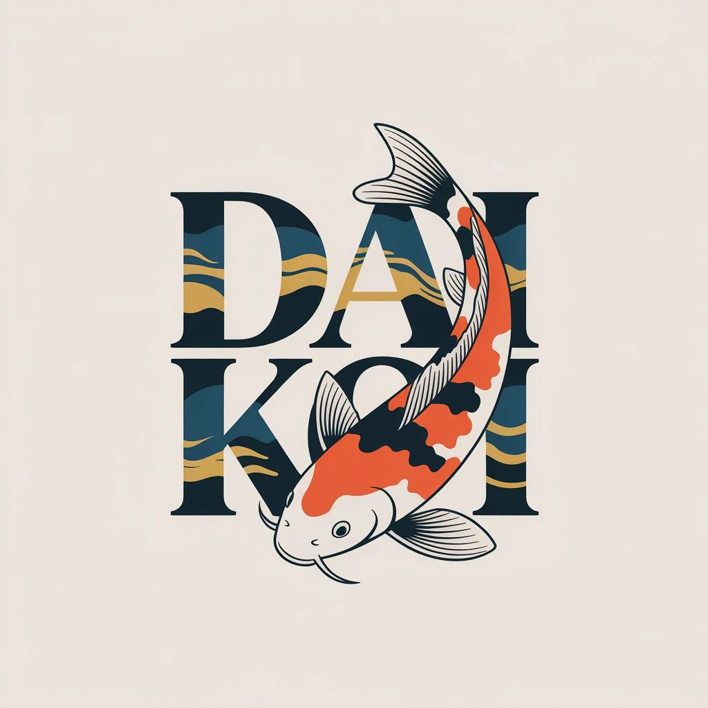 Original raster image of a koi curved across navy serif lettering with gold accents