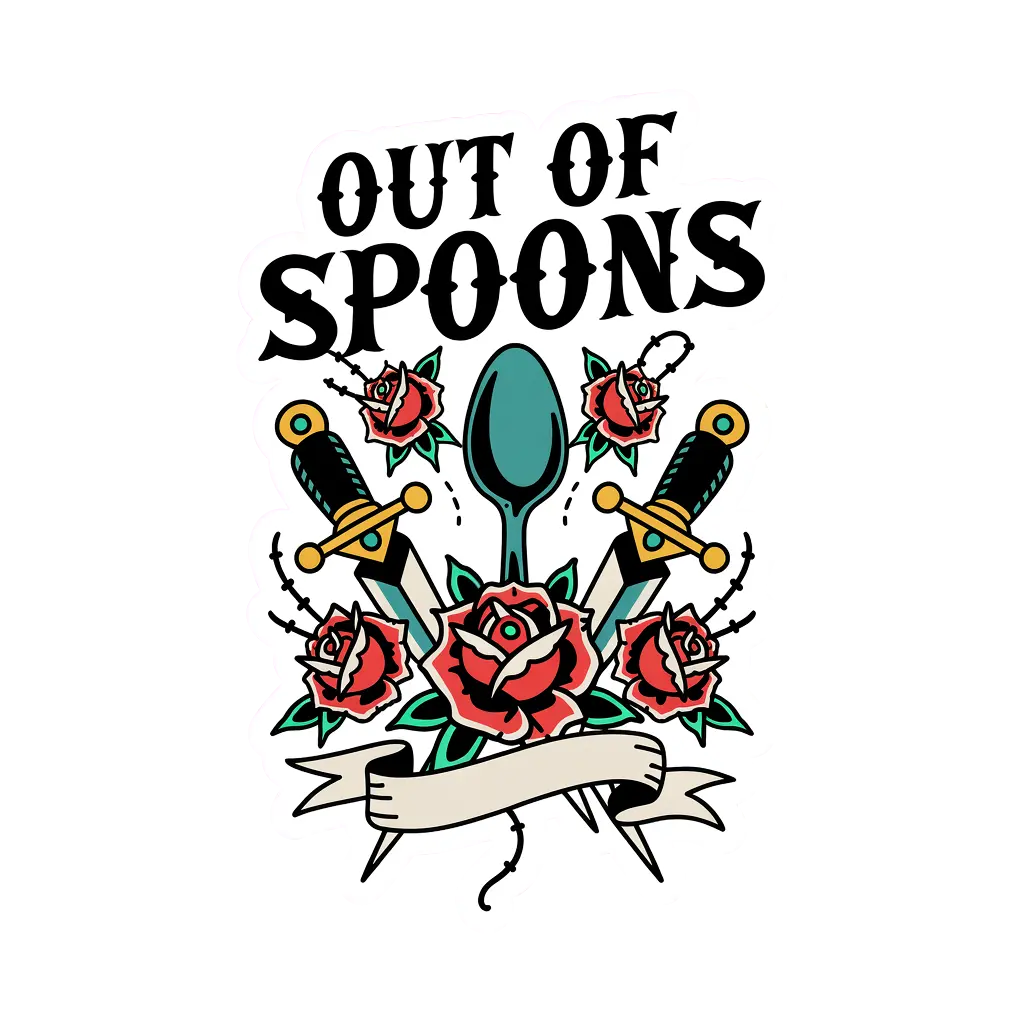 Traditional sailor-jerry tattoo flash sheet headlined 'OUT OF SPOONS' with a single ben...