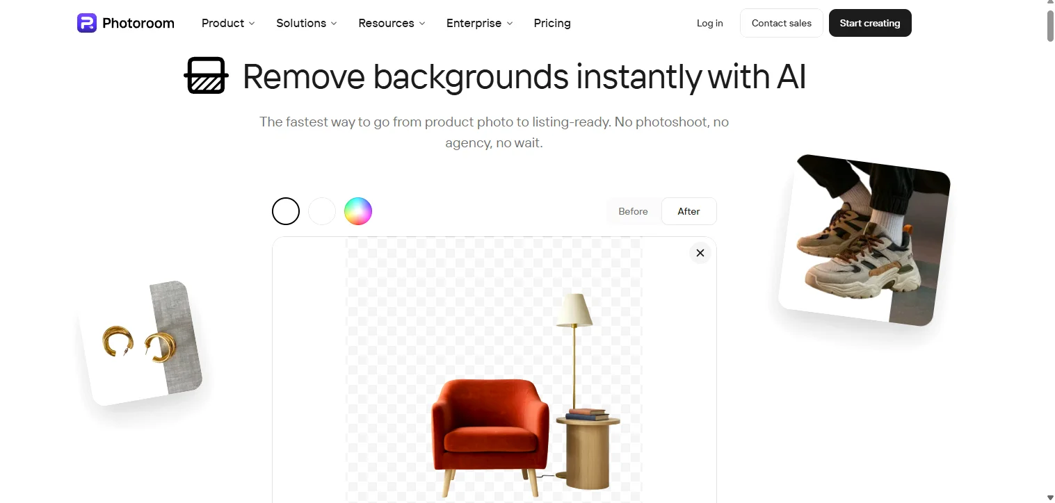 Photoroom's standalone background remover showing the furniture cutout on a transparency grid.