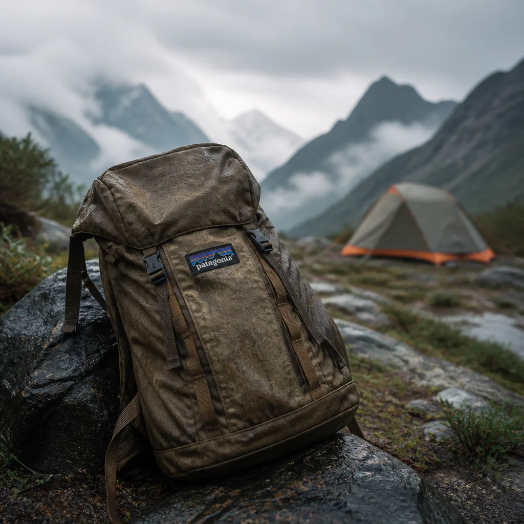 Patagonia backpack product image staged in a wet alpine campsite.