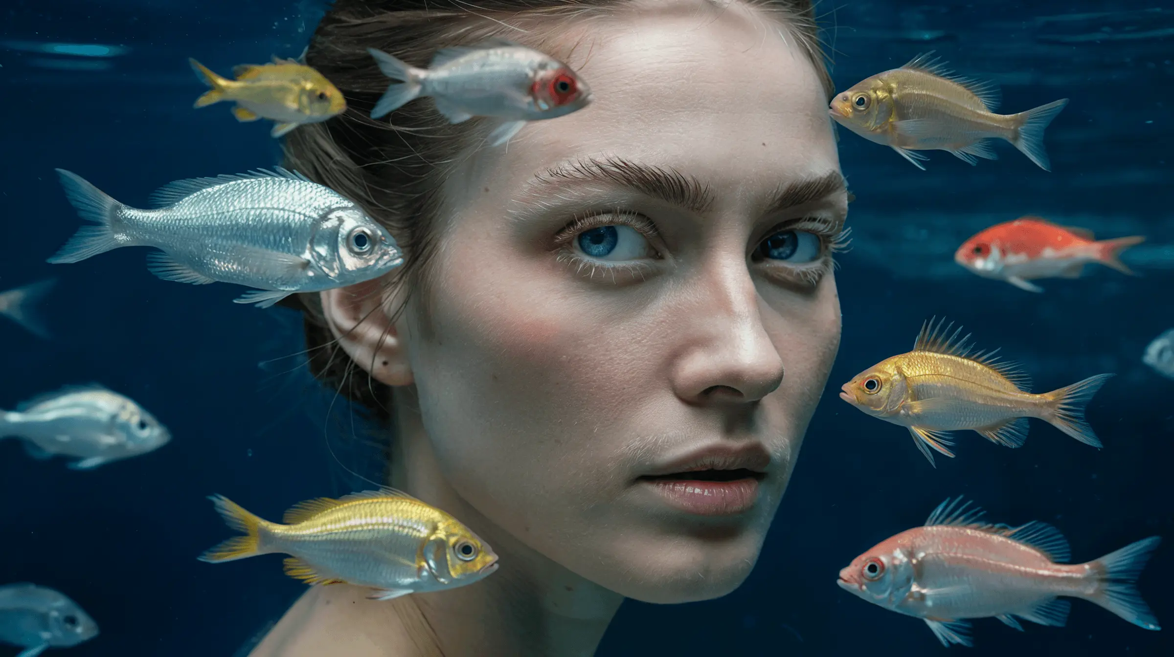 Surreal underwater portrait with fish