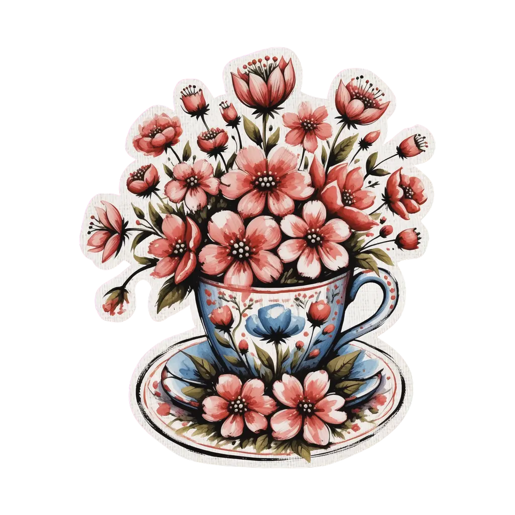 Folk-art bouquet bursting from a teacup