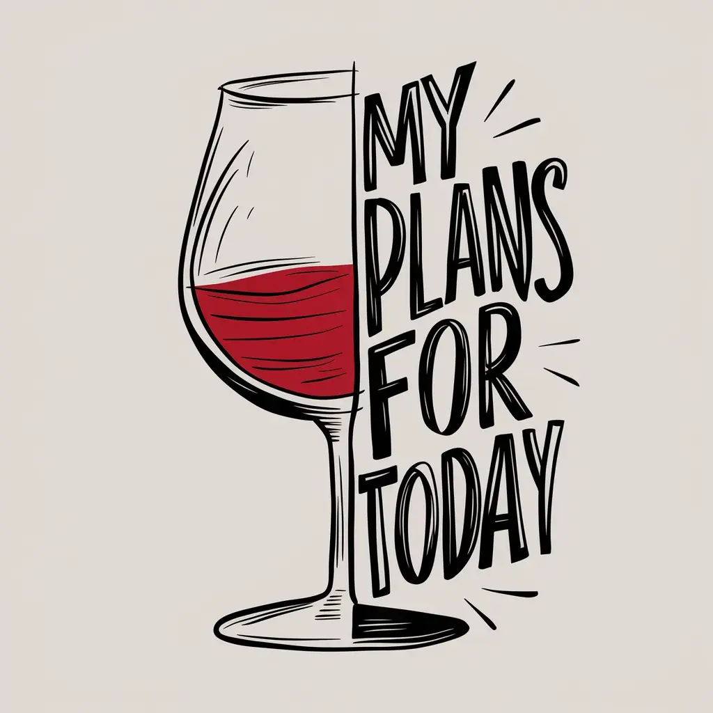 MY PLANS FOR TODAY wine glass illustration, original