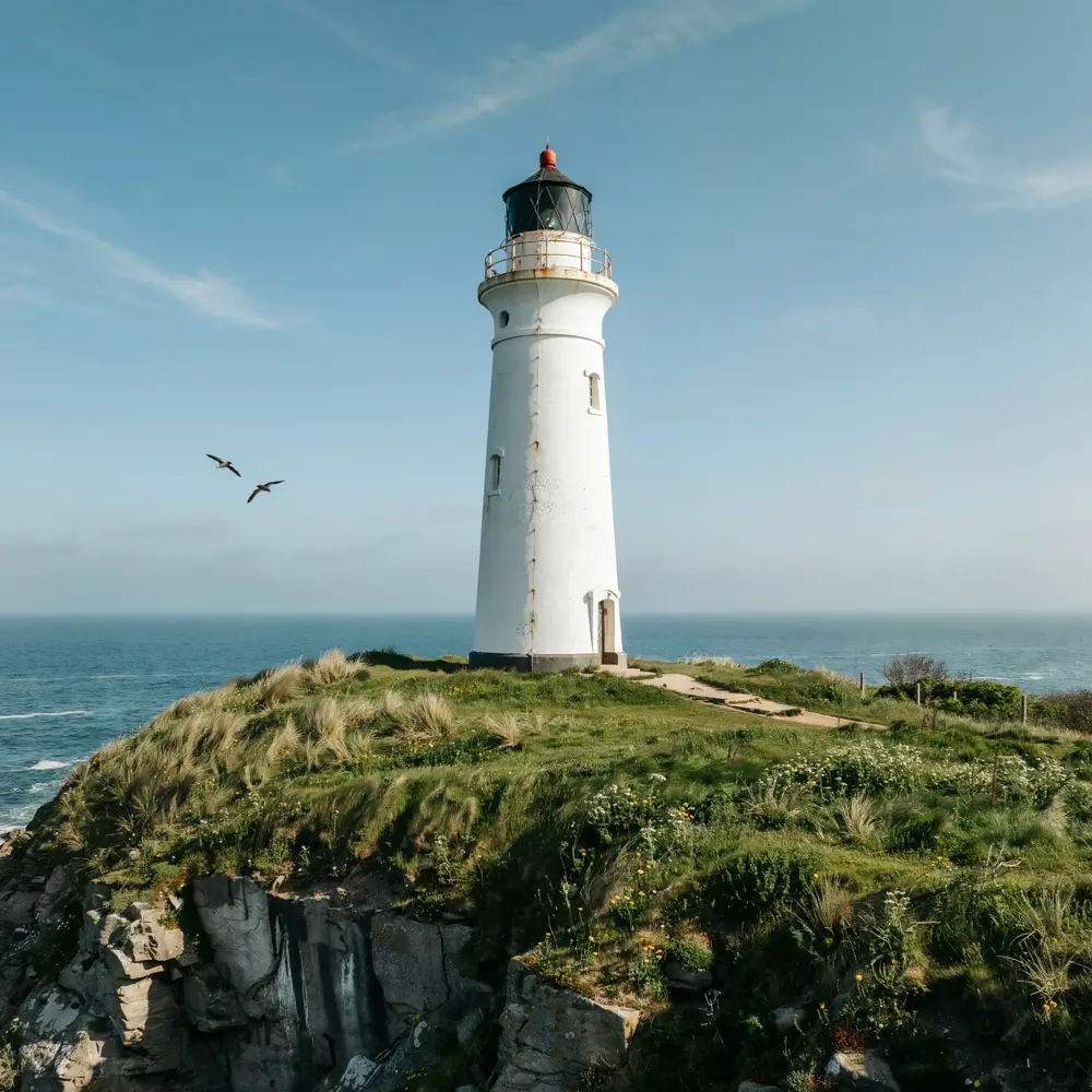 A square photo of a lighthouse on a cliff