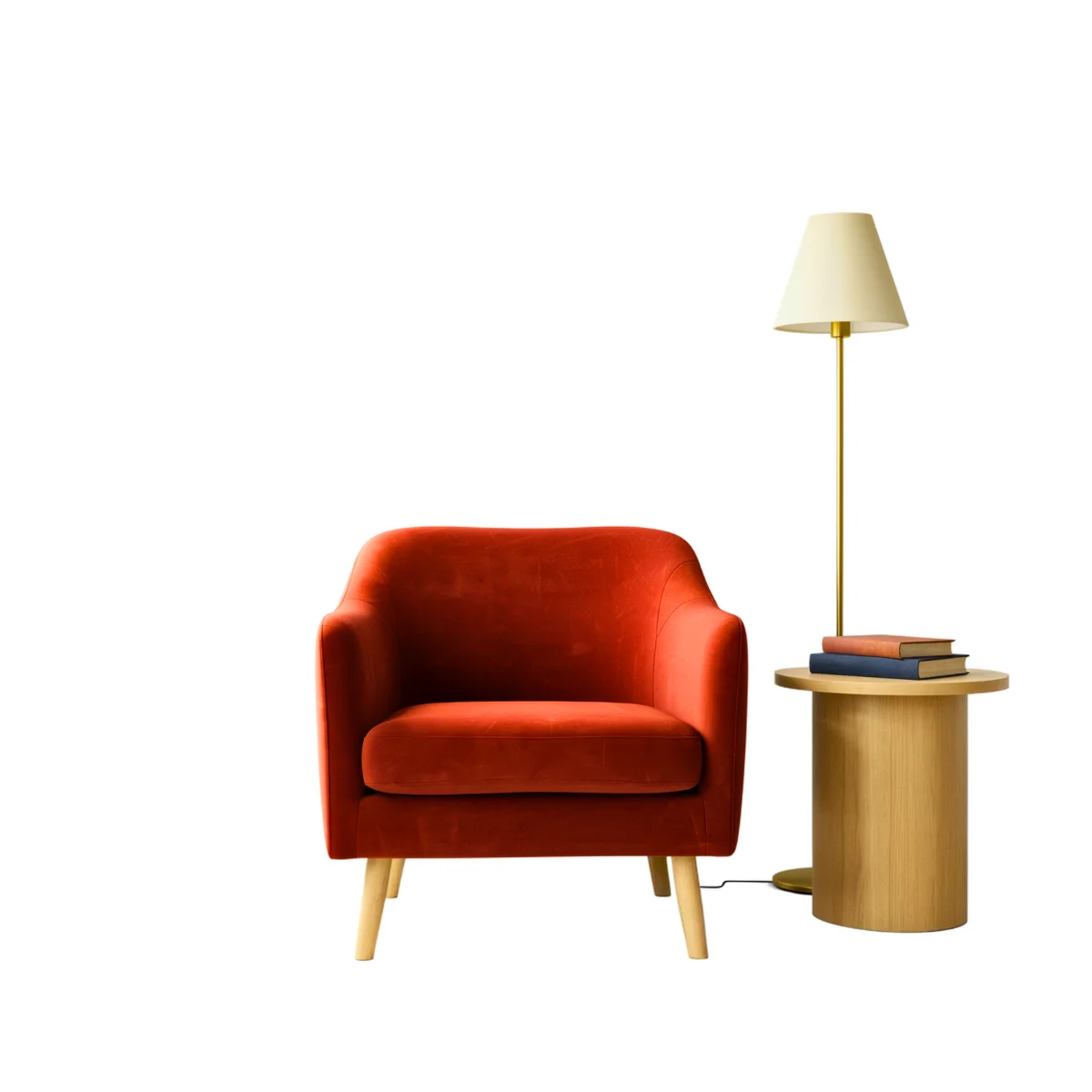 Ideogram's cutout of the armchair, side table, books, and the complete floor lamp, including its base and cord.