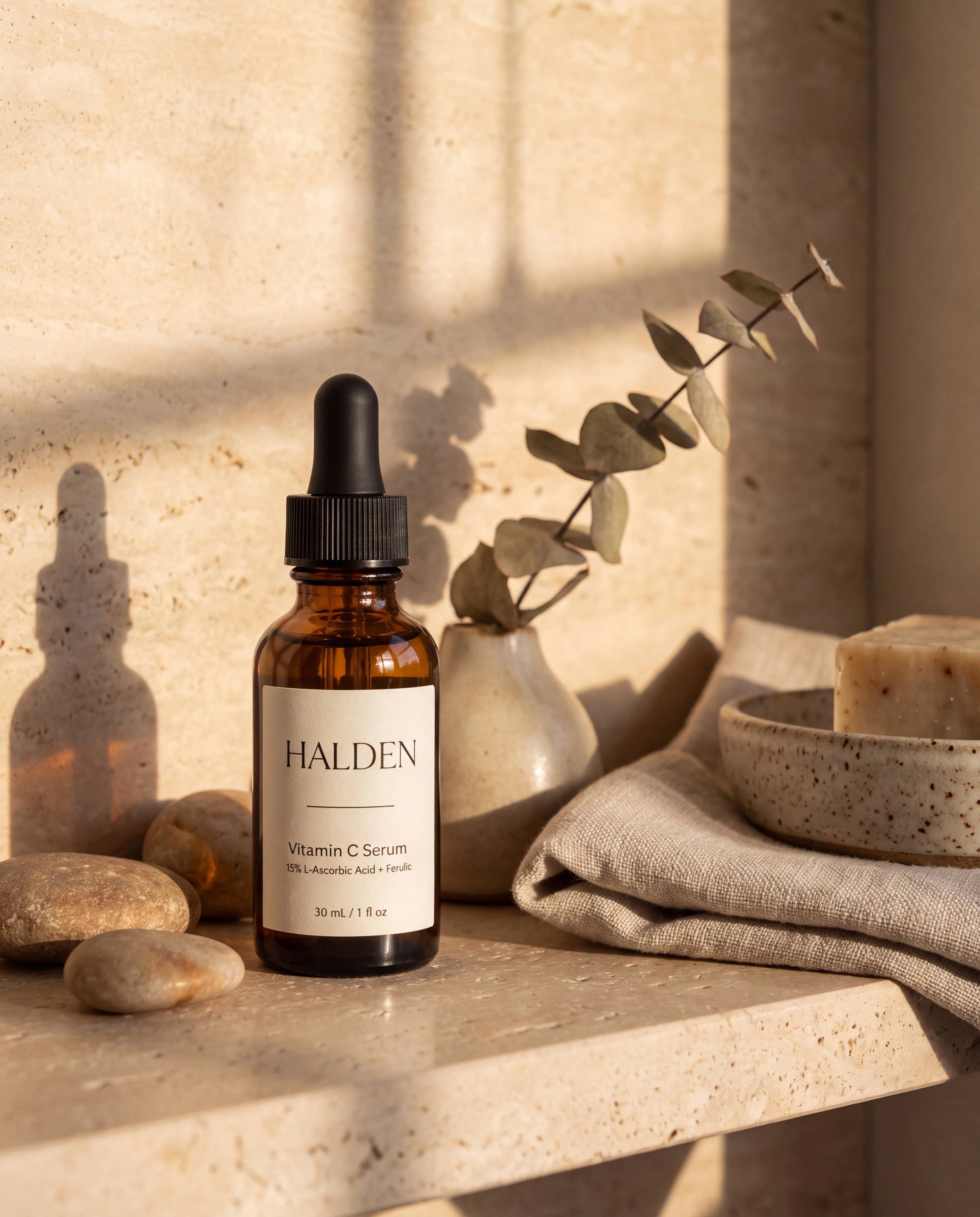 The same bottle, now labeled Halden Vitamin C Serum with clean small type