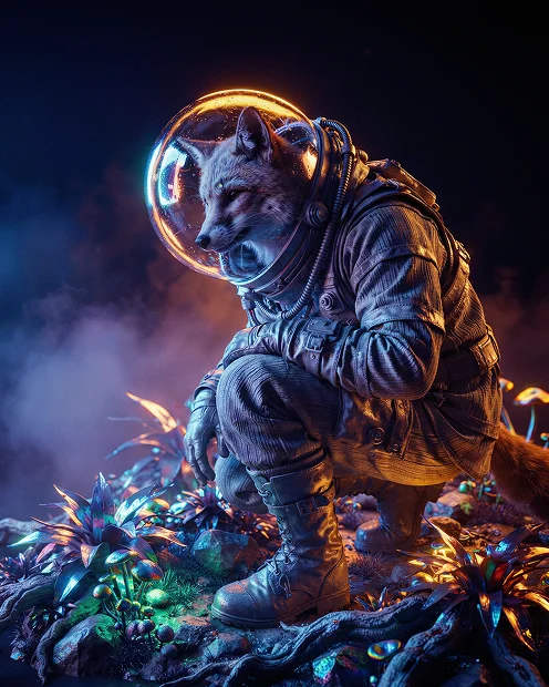 Red fox in an astronaut helmet on a glowing alien landscape