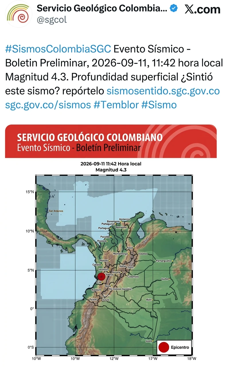 Sismo de 4,5 se registró en Istmina y tuvo una profundidad de 41 kilómetros