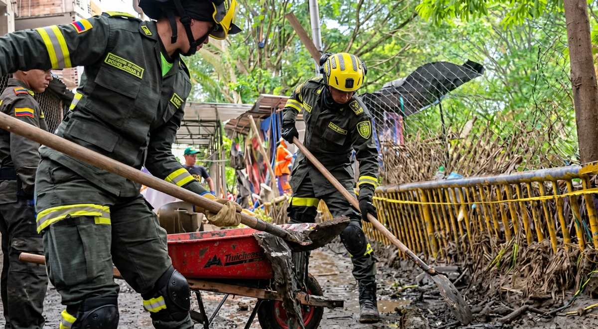 La Policía Nacional refuerza su presencia y apoyo a familias afectadas por inundaciones en la Iguaná, Medellín