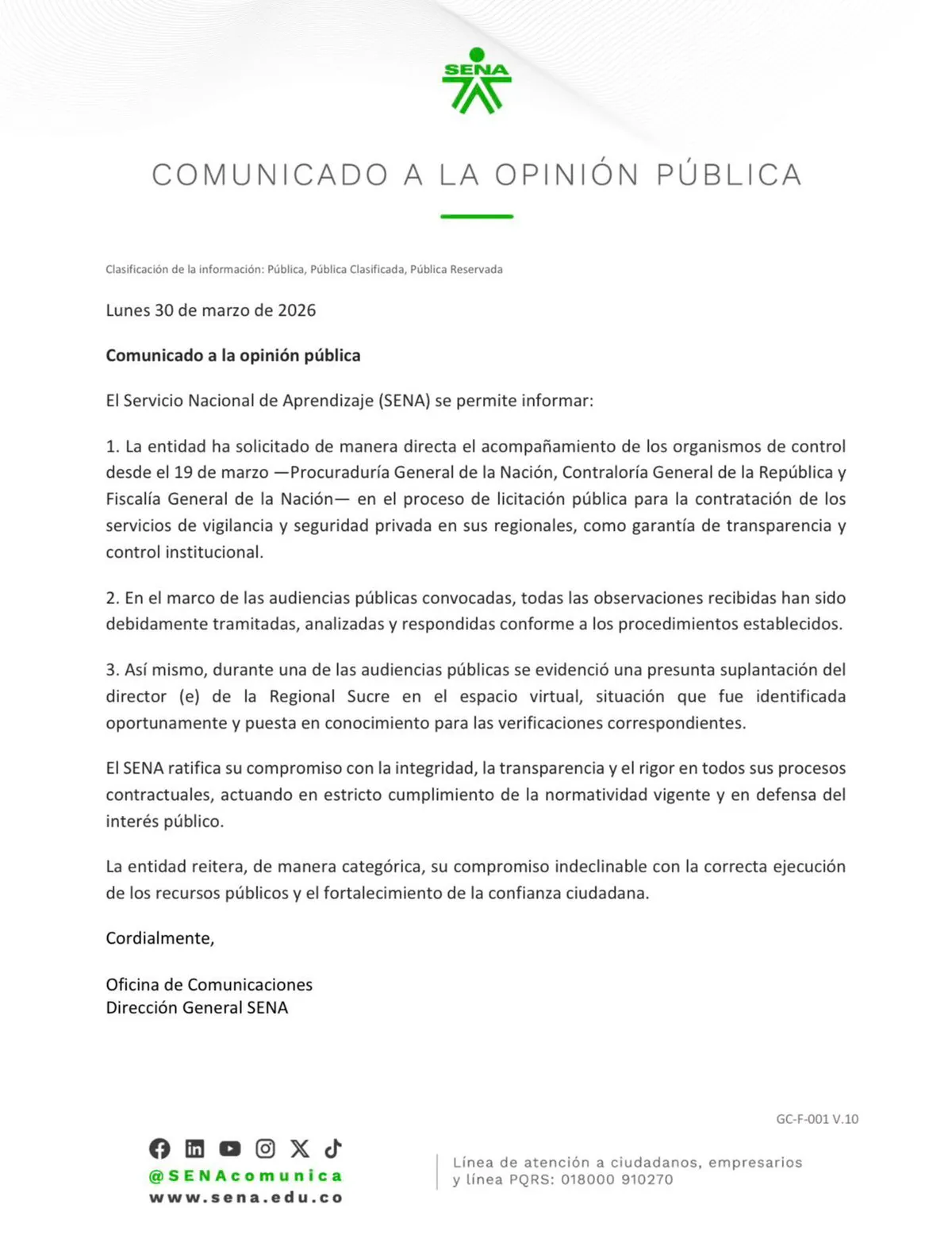 SENA pidió acompañamiento de la Procuraduría, la Contraloría y la Fiscalía en proceso de contratación