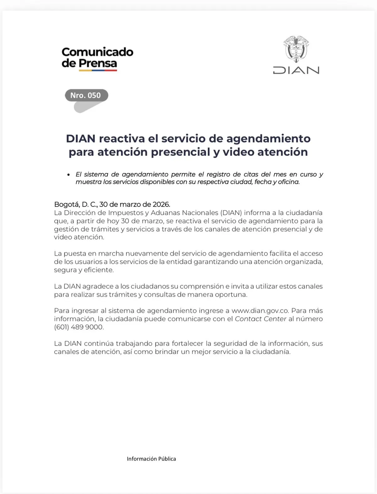 DIAN reactivó el agendamiento para atención presencial y virtual en todo el país