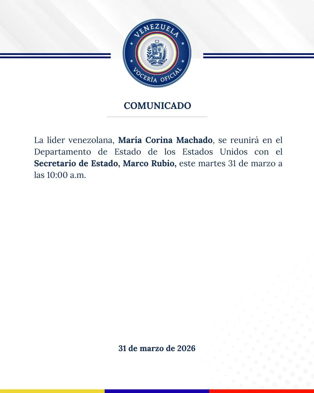 María Corina Machado sostendrá reunión con el secretario de Estado de Estados Unidos este 31 de marzo