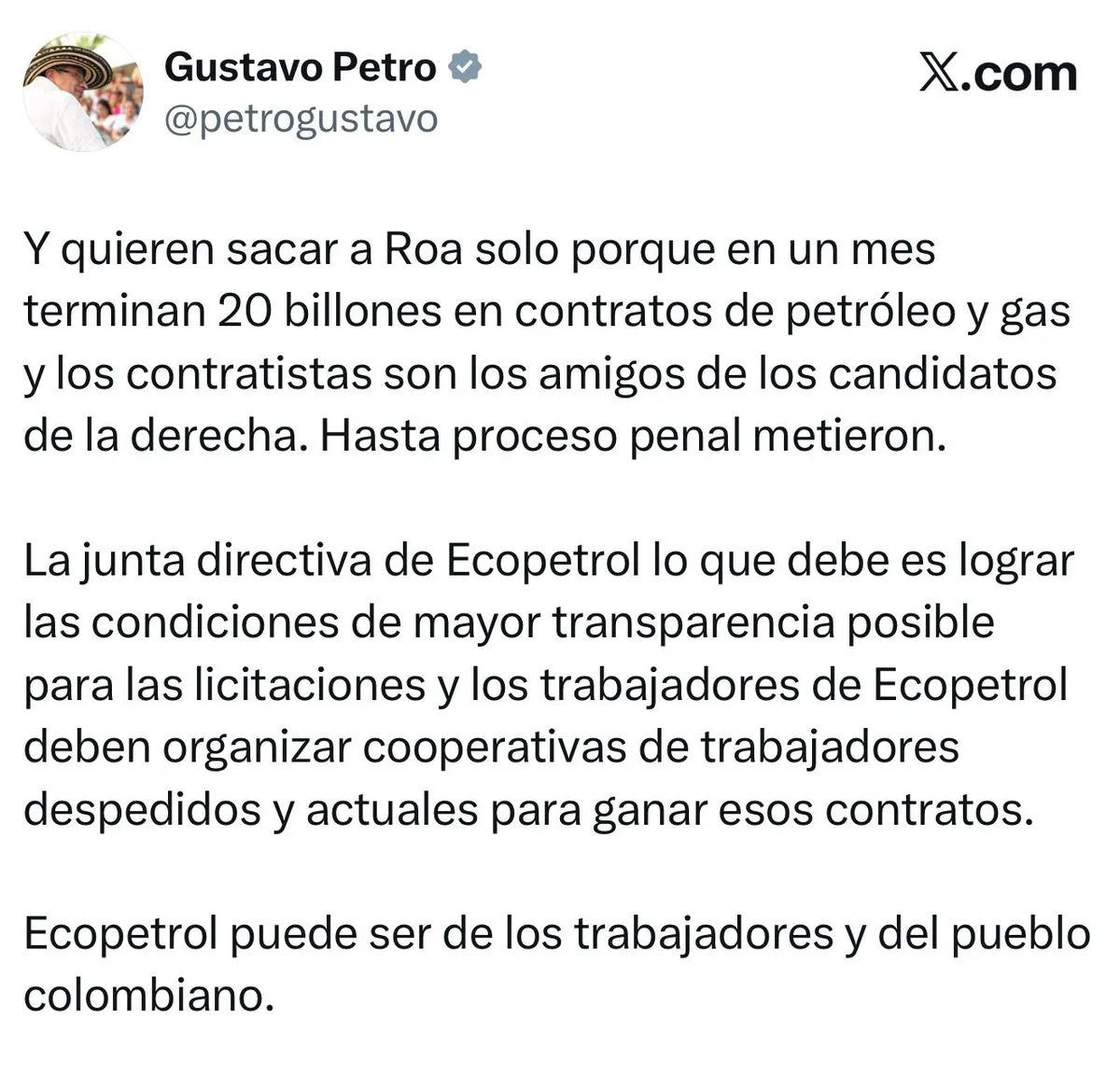Presidente Petro defendió a Ricardo Roa y cuestionó intereses en contratos de Ecopetrol
