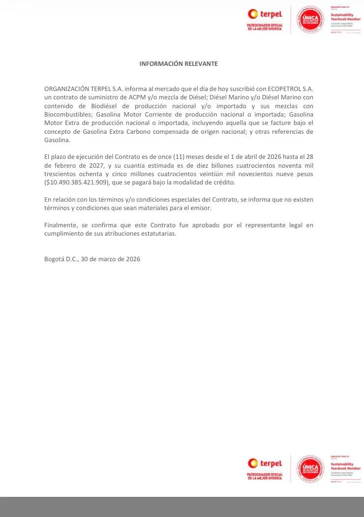 Terpel firmó contrato con Ecopetrol por más de $10,4 billones para suministro de combustibles