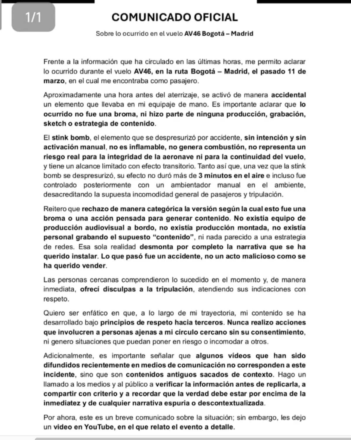 Yeferson Cossio se pronunció sobre incidente en vuelo AV46 Bogotá–Madrid y aseguró que fue accidental