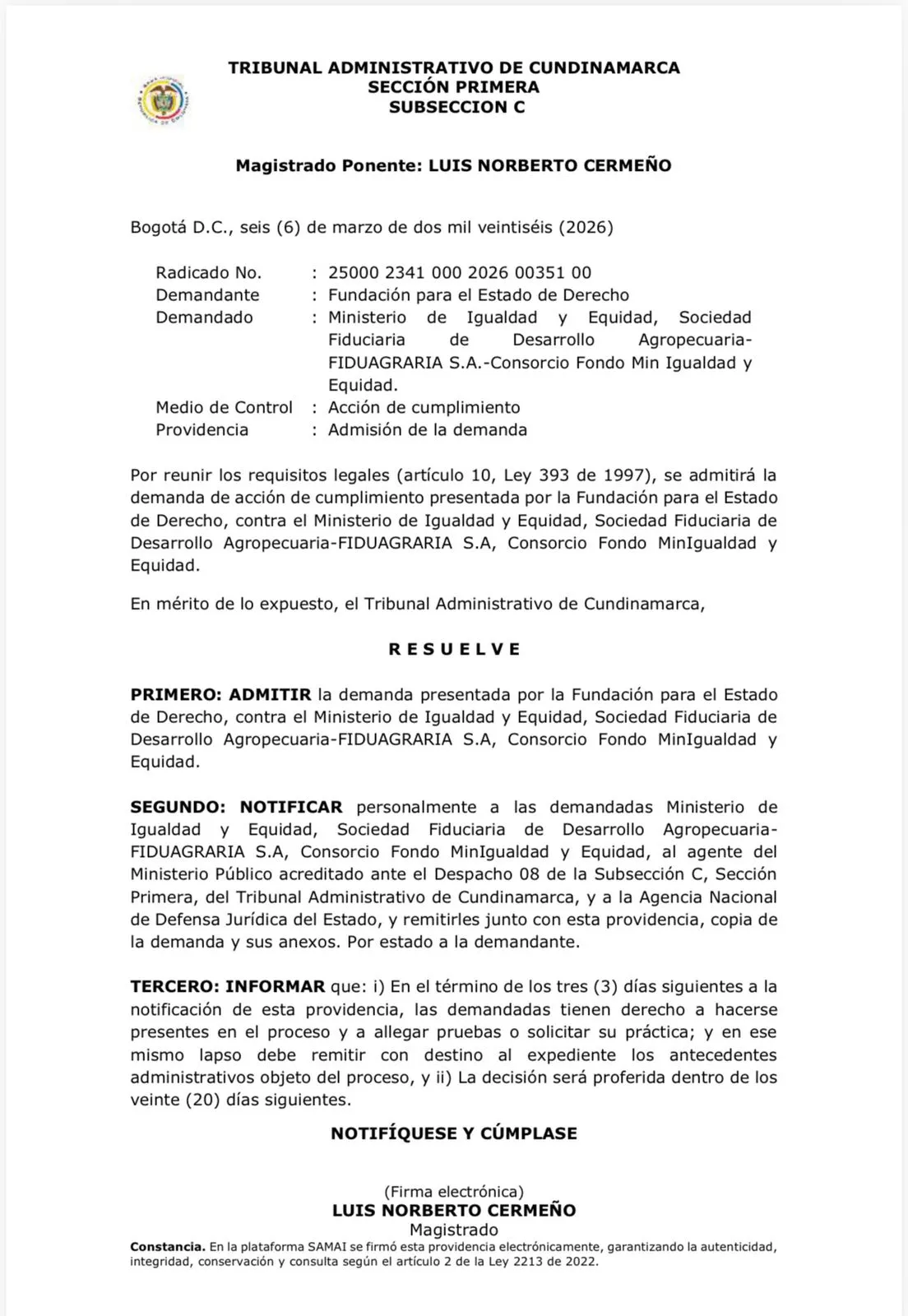 Tribunal admitió demanda contra el Ministerio de Igualdad y Fiduciaria Agraria por fondo de equidad
