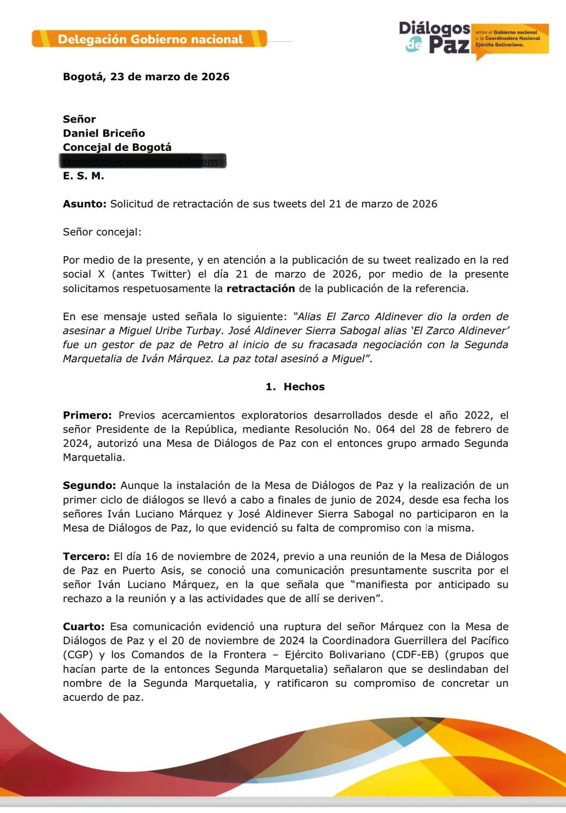 Delegación del Gobierno pidió retractación a Daniel Briceño por trinos sobre ‘Paz Total’