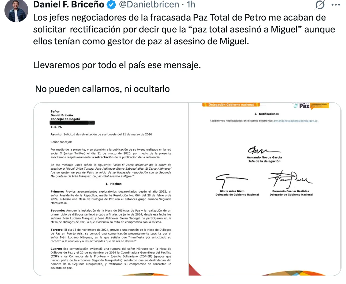 Delegación del Gobierno pidió retractación a Daniel Briceño por trinos sobre ‘Paz Total’