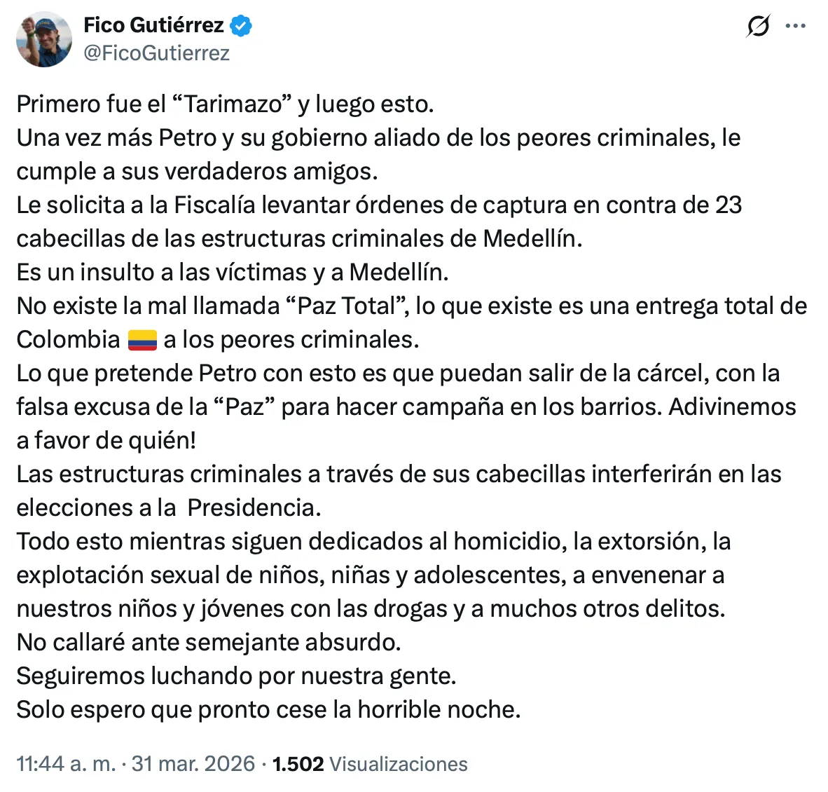 Alcalde de Medellín cuestionó solicitud del Gobierno para levantar órdenes de captura contra cabecillas criminales
