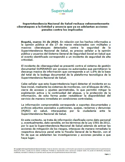 Supersalud confirmó ciberataque que comprometió 1,6 % de sus datos e informó que interpuso acciones penales