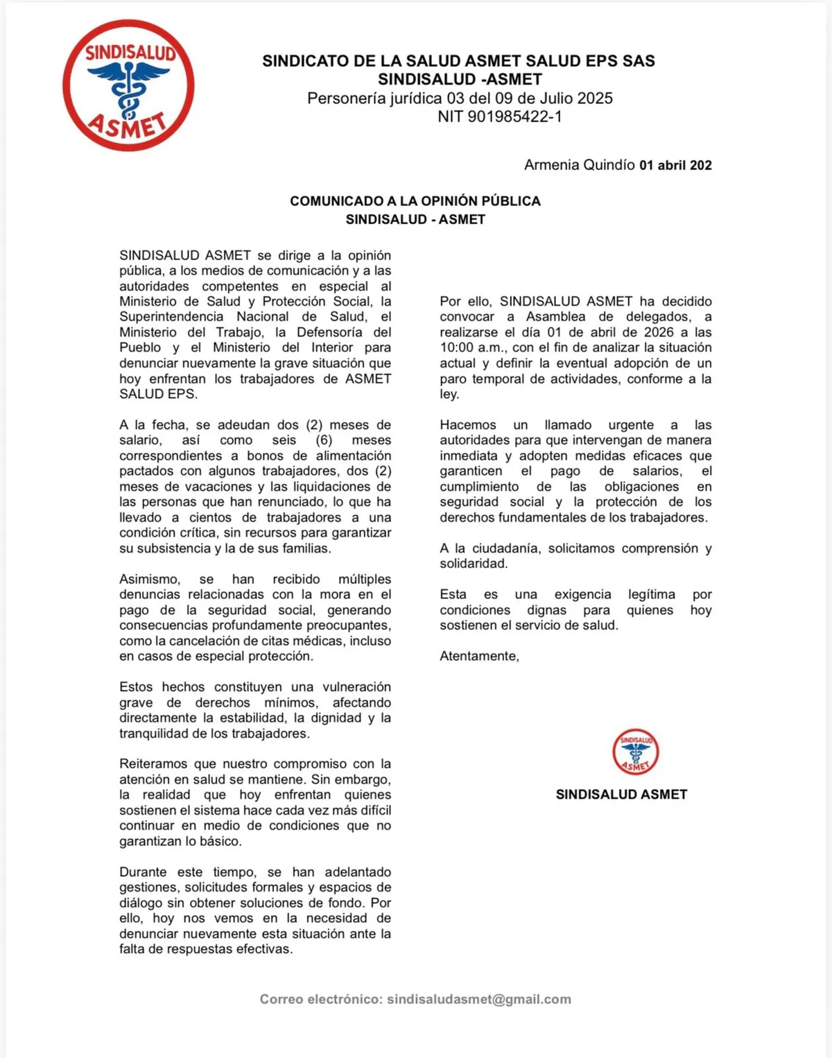 Trabajadores de ASMET Salud denunciaron retrasos salariales y advierten posible paro