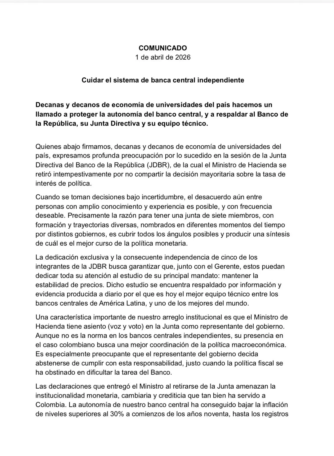 Decanos de economía pidieron proteger la autonomía del Banco de la República tras episodio en su Junta Directiva