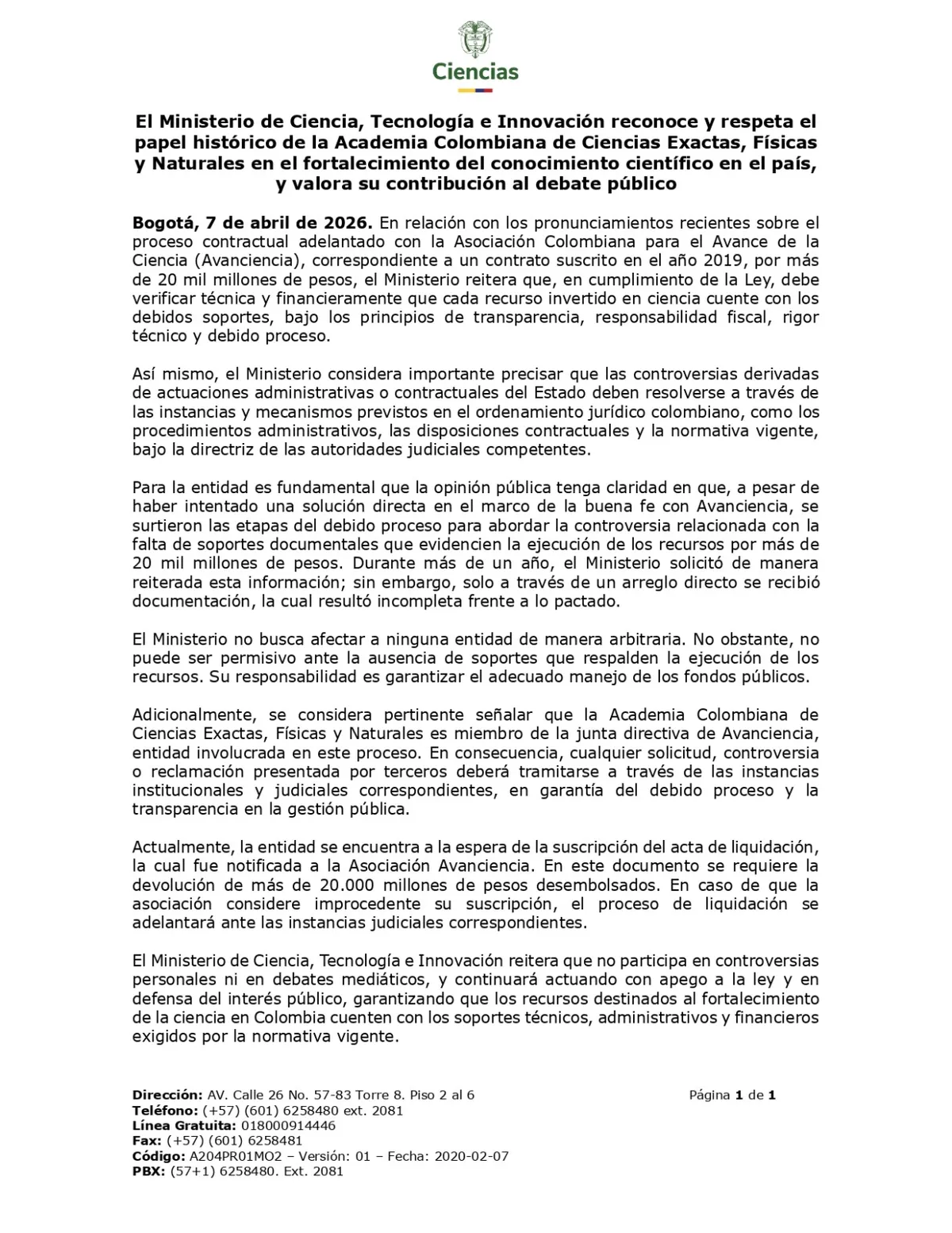 Ministerio de Ciencia exigió devolución de más de 20.000 millones a Avanciencia por falta de soportes