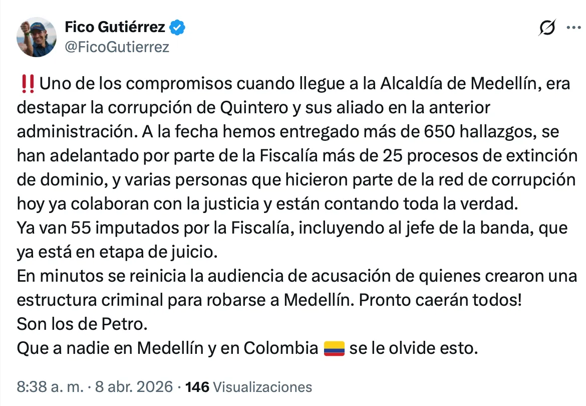 Federico Gutiérrez afirmó que van 55 imputados por presunta red de corrupción en administración de Daniel Quintero