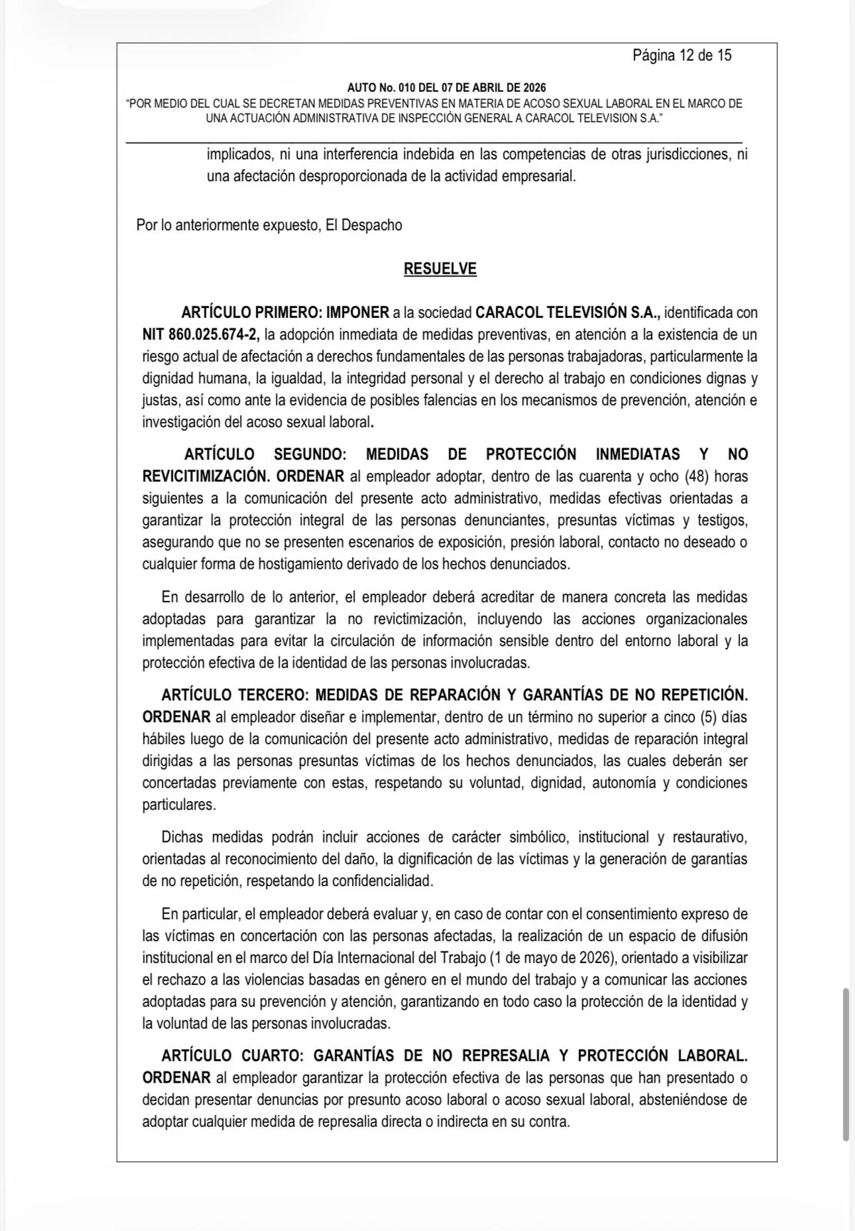 Ministerio de Trabajo impuso medidas a Caracol Televisión tras evidenciar fallas en manejo de denuncias por acoso laboral y sexual